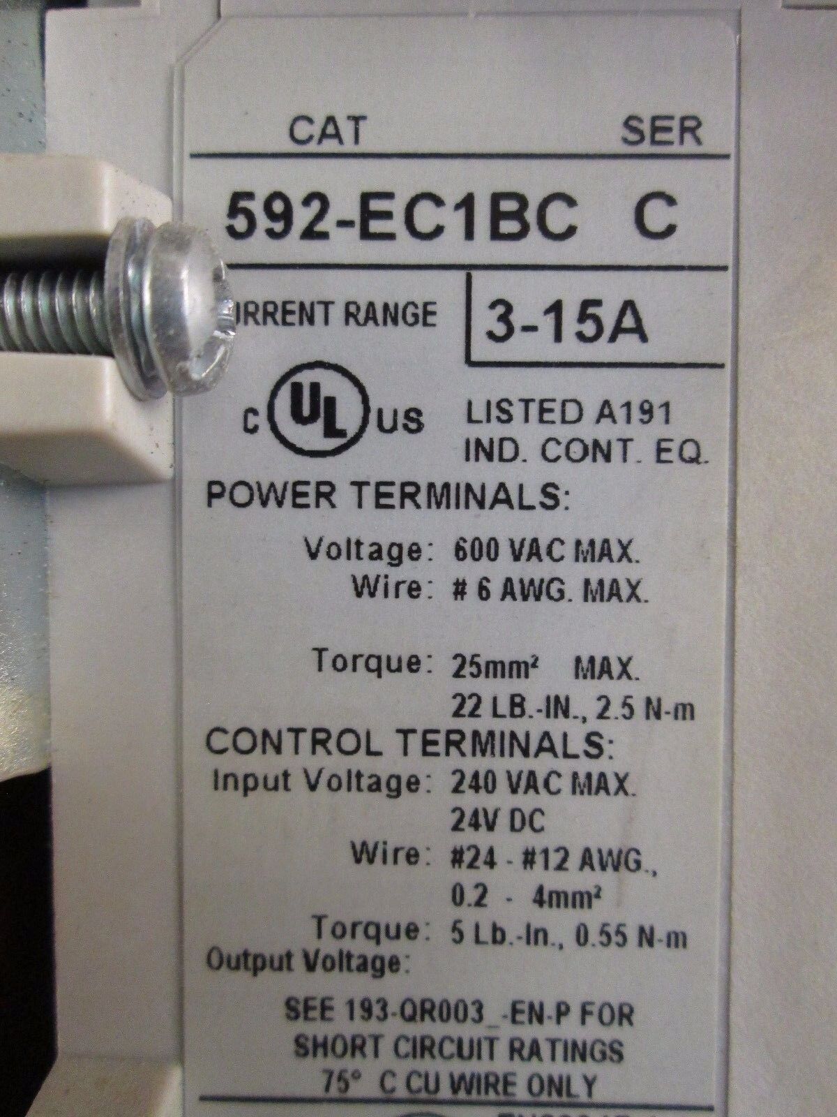 Allen-Bradley Starter 509-BOD Size 1 115-120V Coil Overload: 3-15A Used