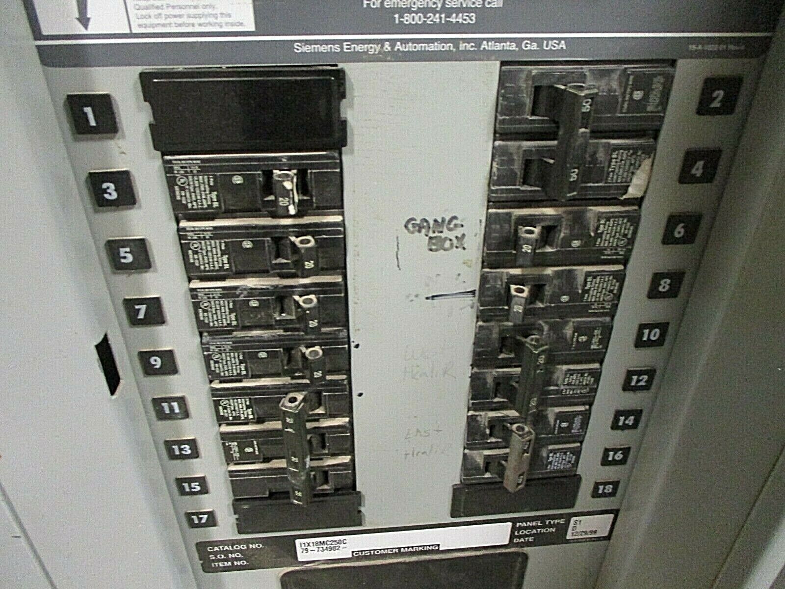 Siemens Main Breaker Circuit Breaker Panel I1X18MC250C 250A Max 208Y/120 3Ph 4W