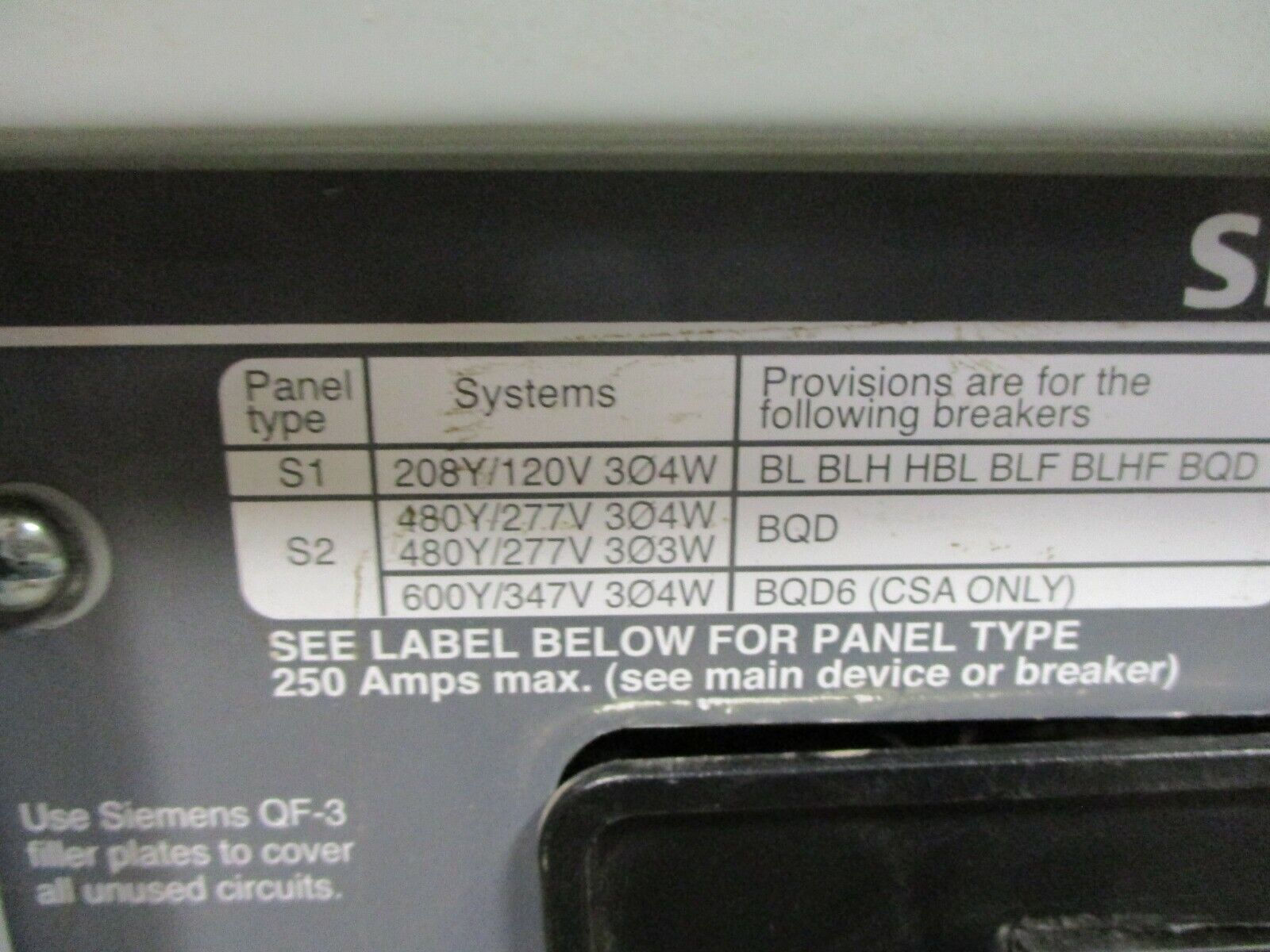 Siemens Main Breaker Circuit Breaker Panel I1X18MC250C 250A Max 208Y/120 3Ph 4W