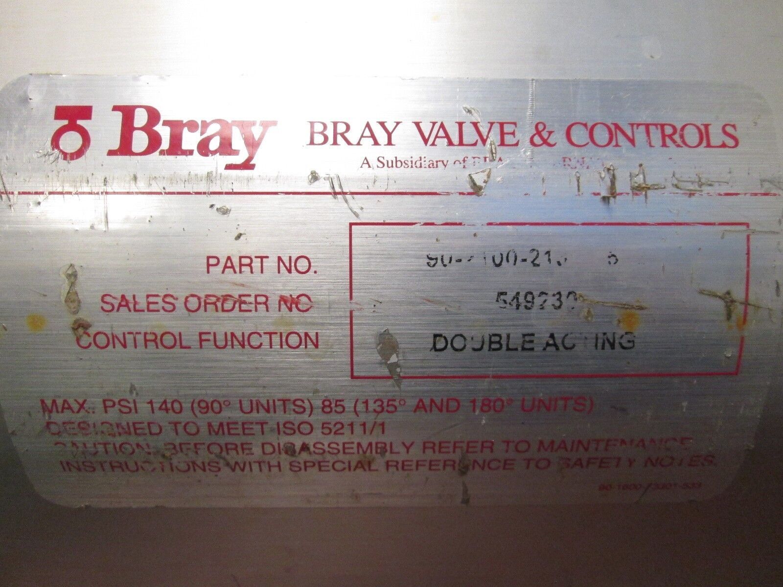 Bray Double Acting Actuator Max PSI: 140 92/93 Series Used