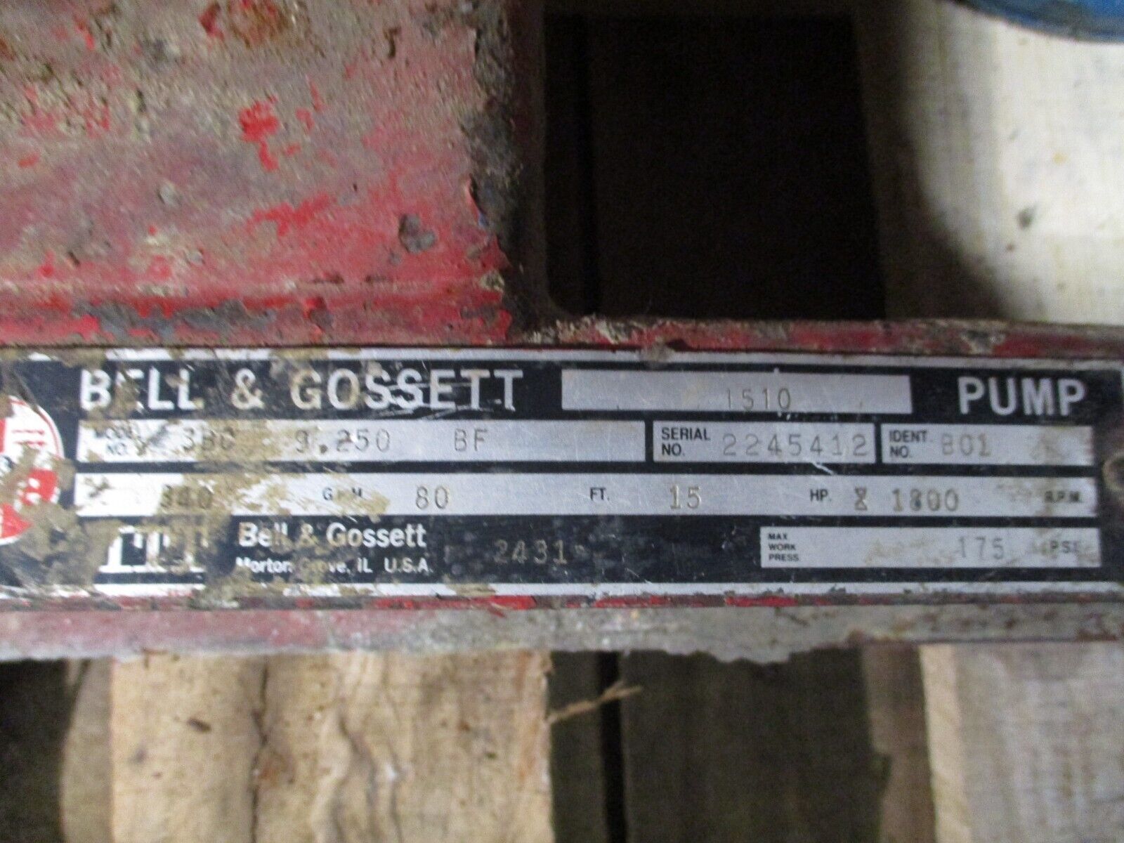 Bell & Gossett 1510 Pump 3BC 9.250 BF 15HP 340GPM 80FT Head 1800RPM 175PSI 3Ph