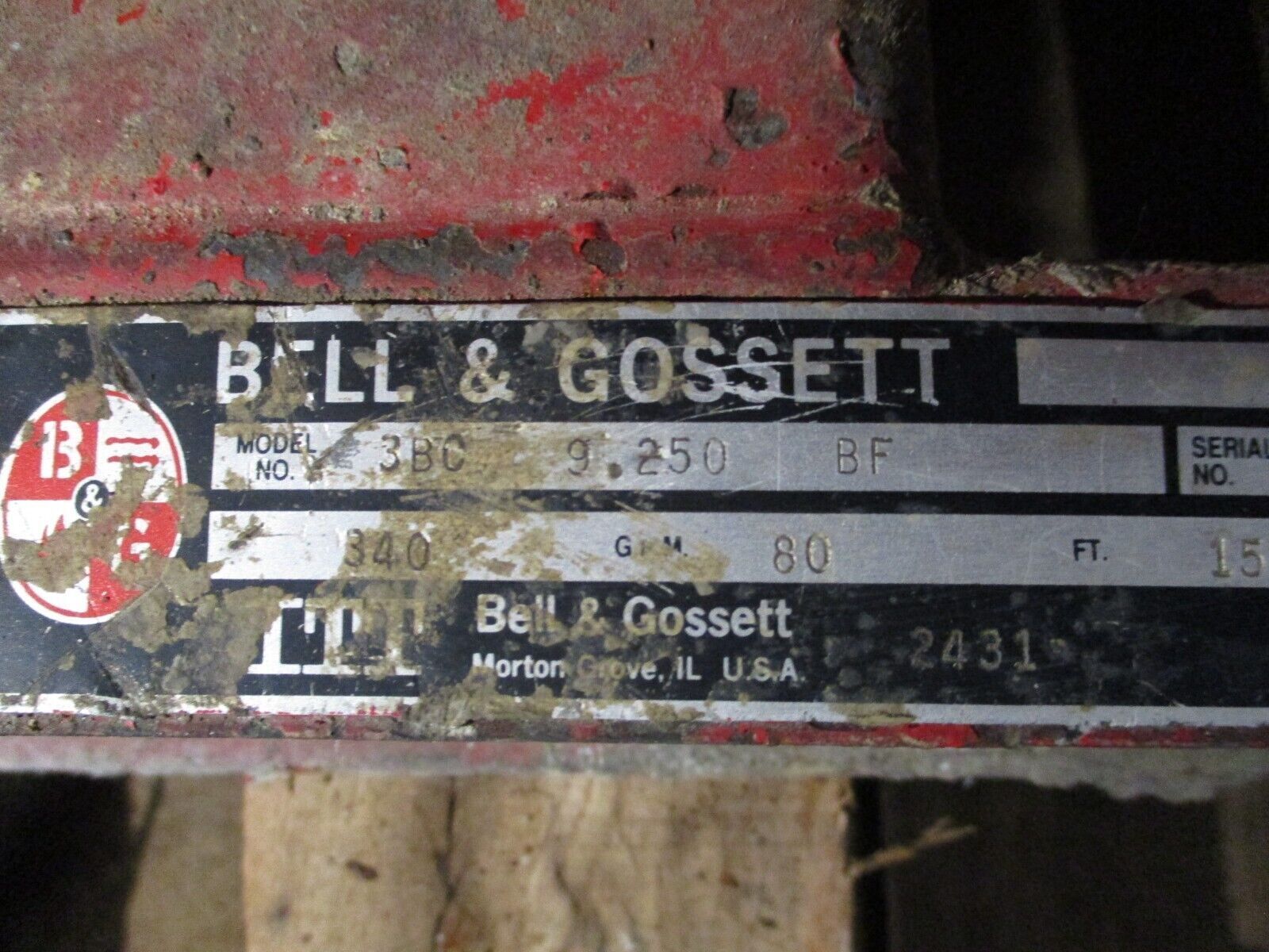 Bell & Gossett 1510 Pump 3BC 9.250 BF 15HP 340GPM 80FT Head 1800RPM 175PSI 3Ph