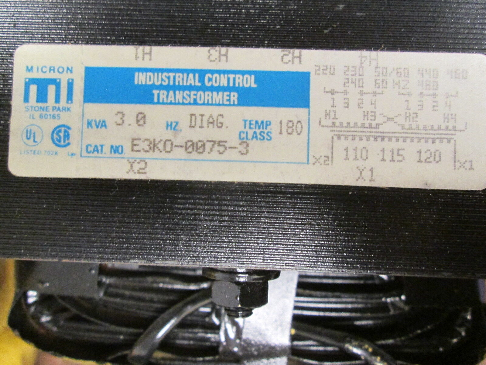 Micron Control Transformer E3KO-0075-3 3 KVA Pri: 240/480V Sec: 120V Used