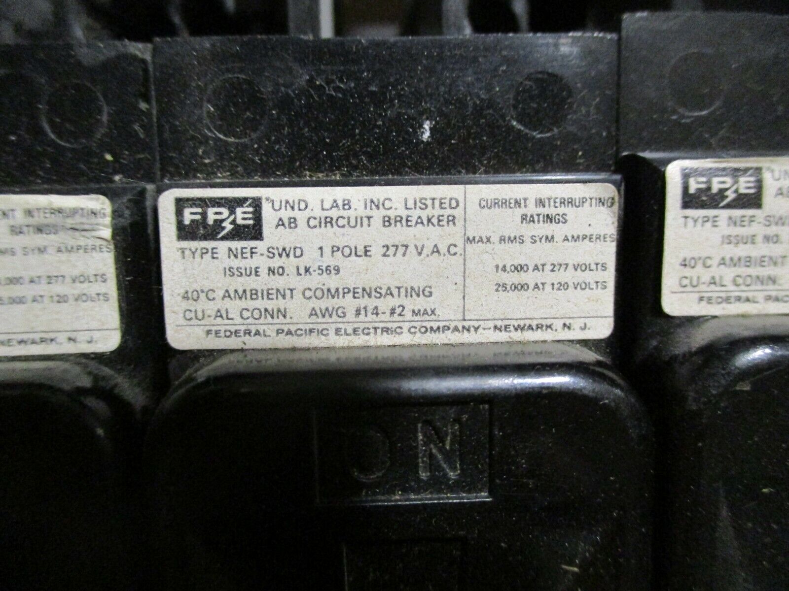 FPE Circuit Breaker NEF-SWD213020 20A 277V 1P *Lot of 2* Used