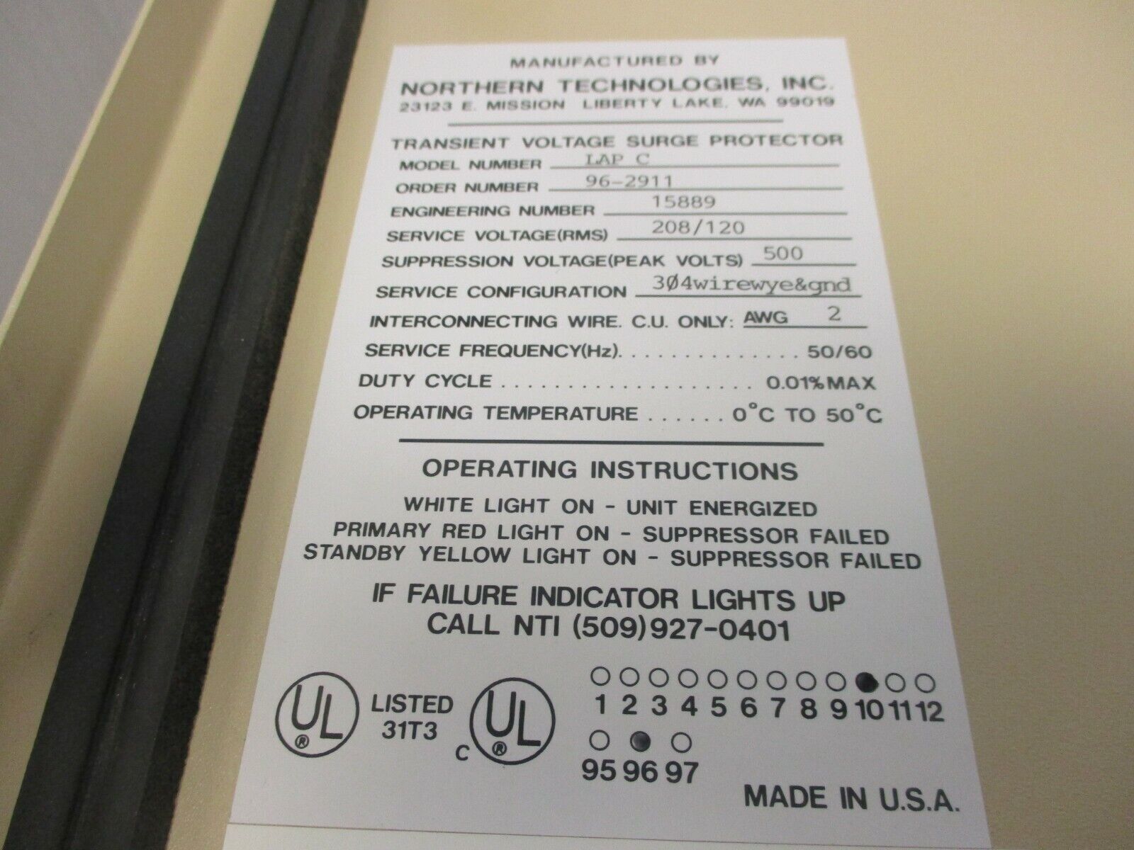 Northern Technologies Surge Suppressor LAP C 208/120V 3Ph 4W 50/60Hz 500VPK Used