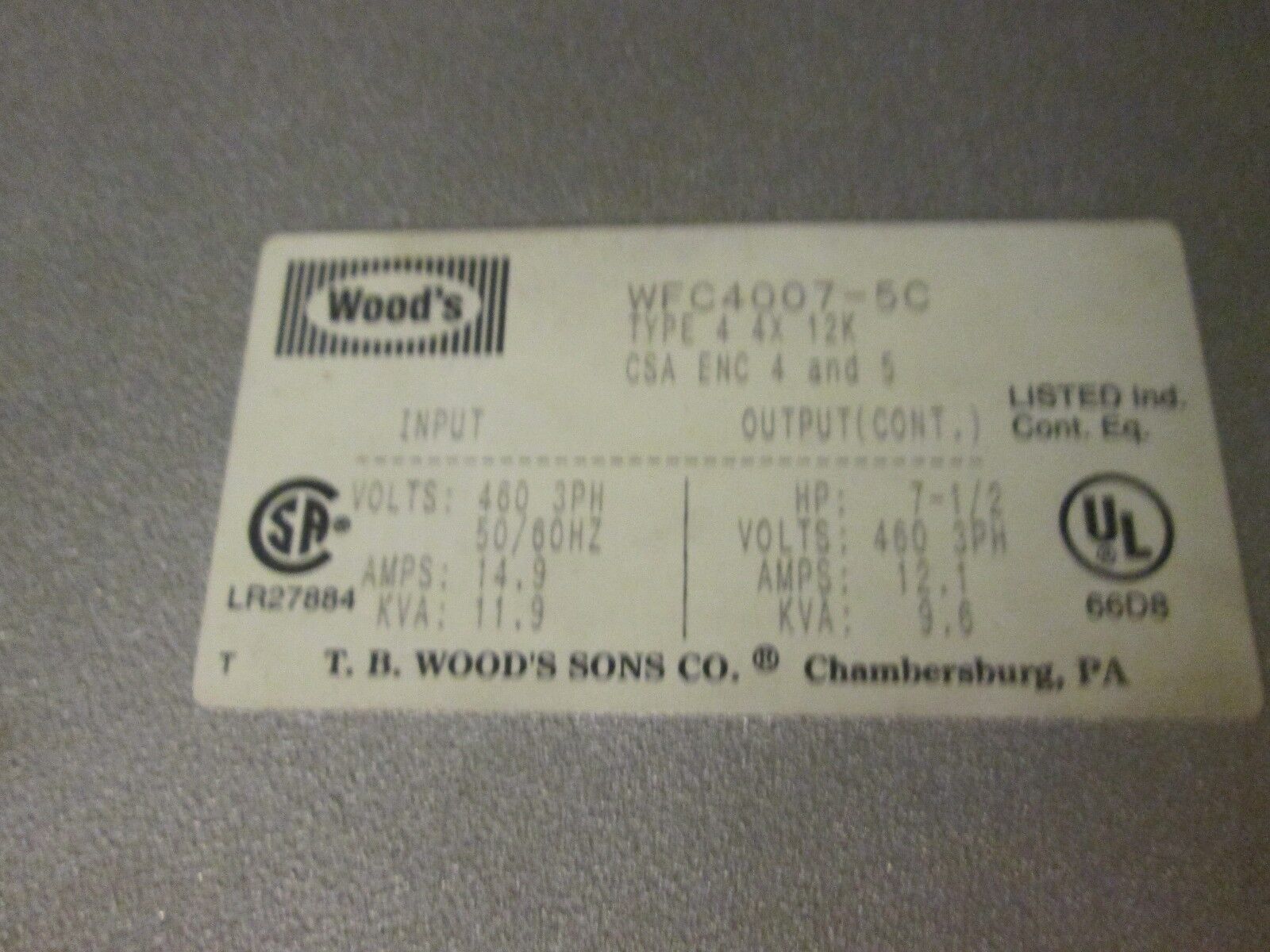 TB Wood's AC Drive WFC4007-5C 7.5HP Used - missing (2) cover screws