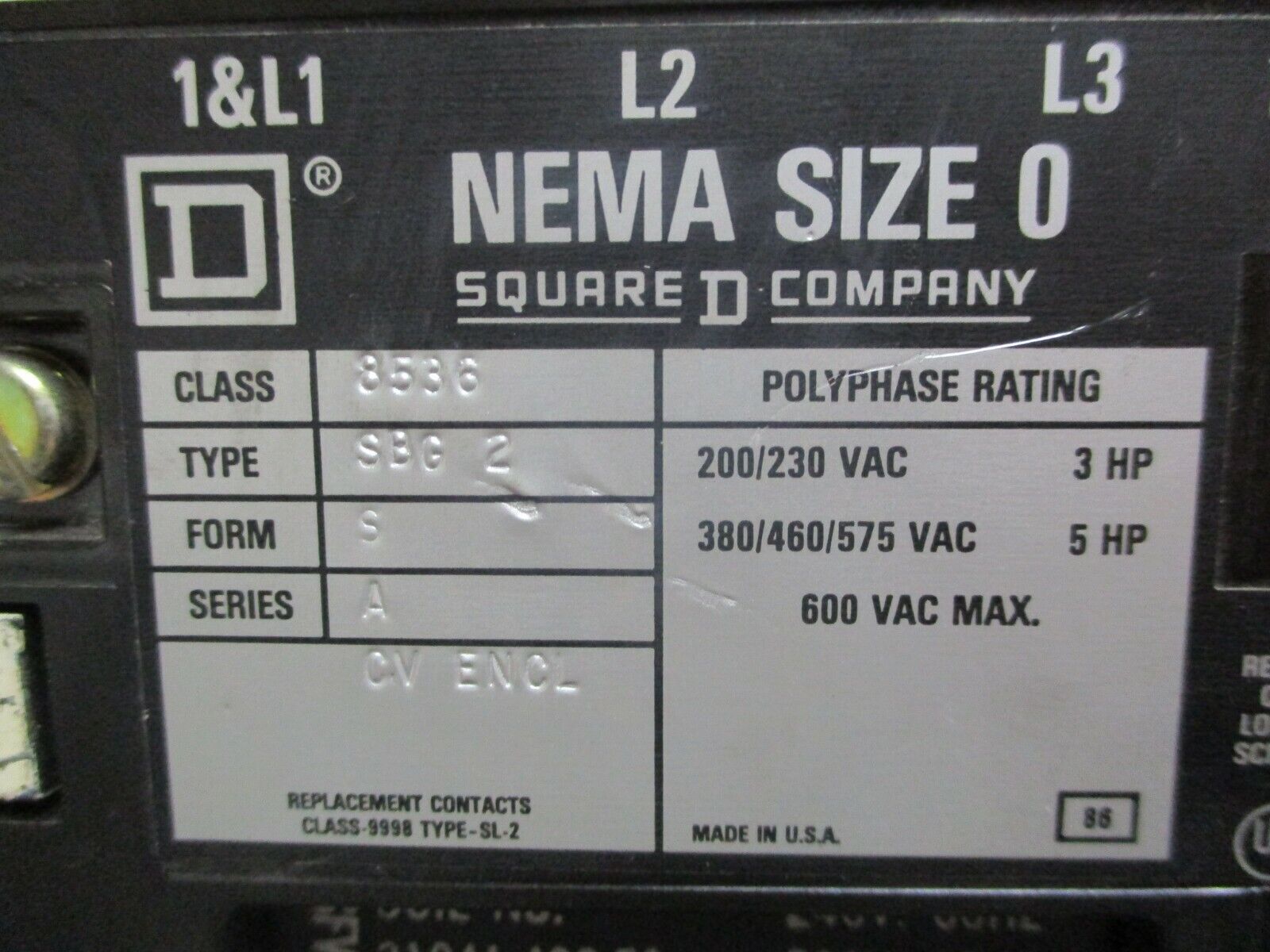 Square D Size 0 Starter 8536 SBG2 240V Coil 600V Used
