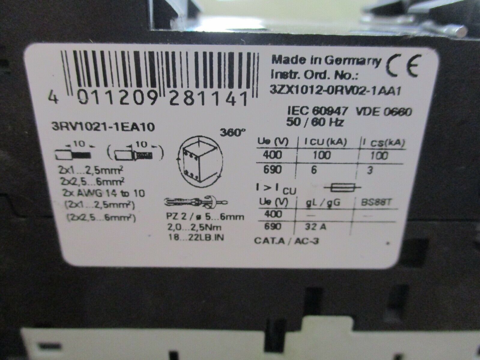 Siemens Sirius Starter 3RT1017-1AK61/3RV1021-1EA10 120V Coil Trip: 2.8-4A Used