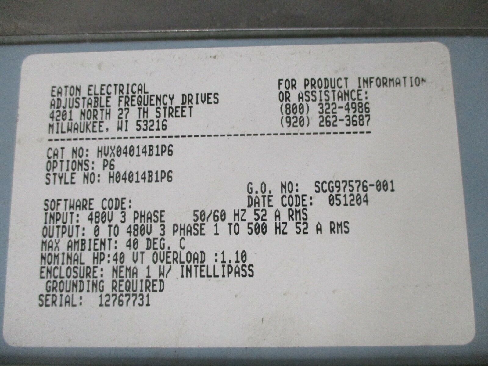 Eaton HVX9000 AC Drive w/ Intellipass Bypass HVX04014B1P6 40HP 3Ph w/ Keypad