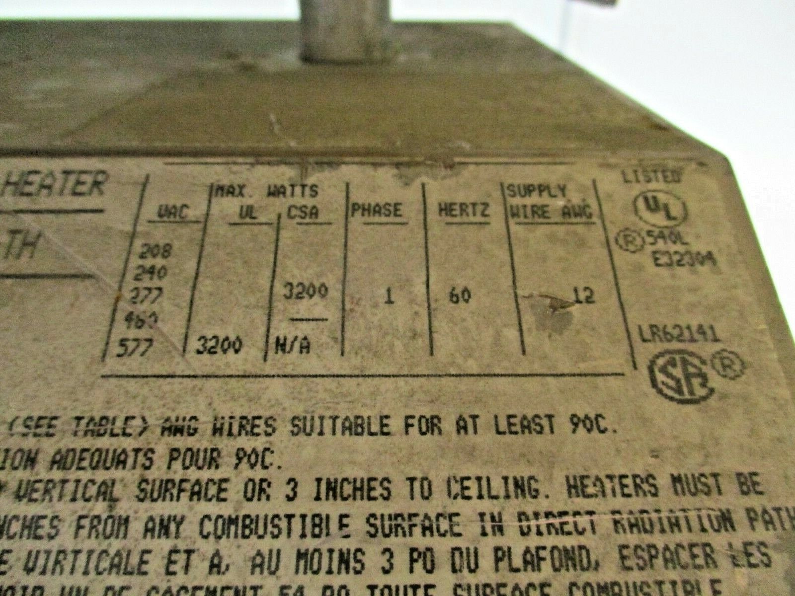 Fostoria Sun-Mite Electric Infrared Heater 222-A60-TH 3200W 208-577V 1Ph 60Hz