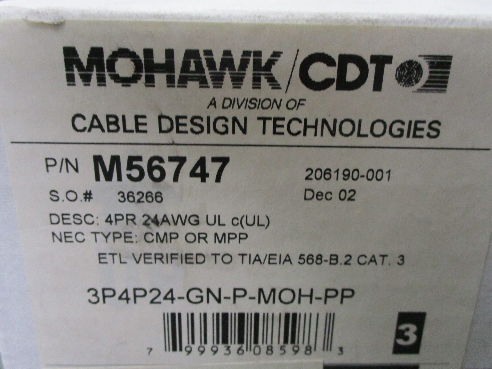 Mohawk/CDT 4 Pair 24 AWG Wire M56747 Length: Approx 792Ft New Surplus