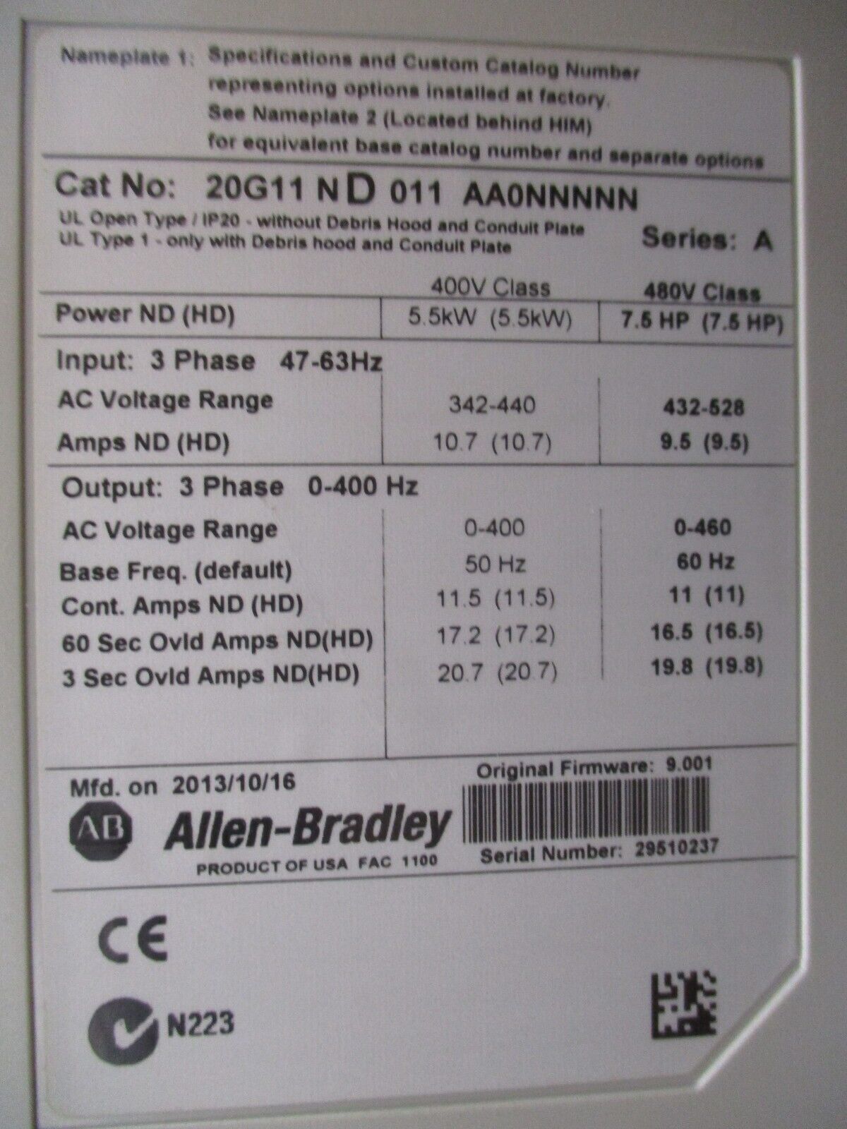Allen-Bradley PowerFlex 755 AC Drive 20G11ND011AA0NNNNN Ser. A 7.5HP 3Ph Used
