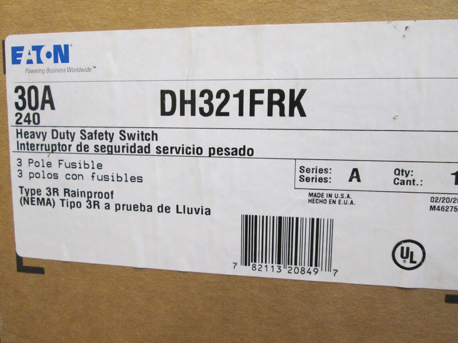 Cutler-Hammer Fusible Safety Switch DH321FRK 30A 240V 3P nema 3R Enclosure