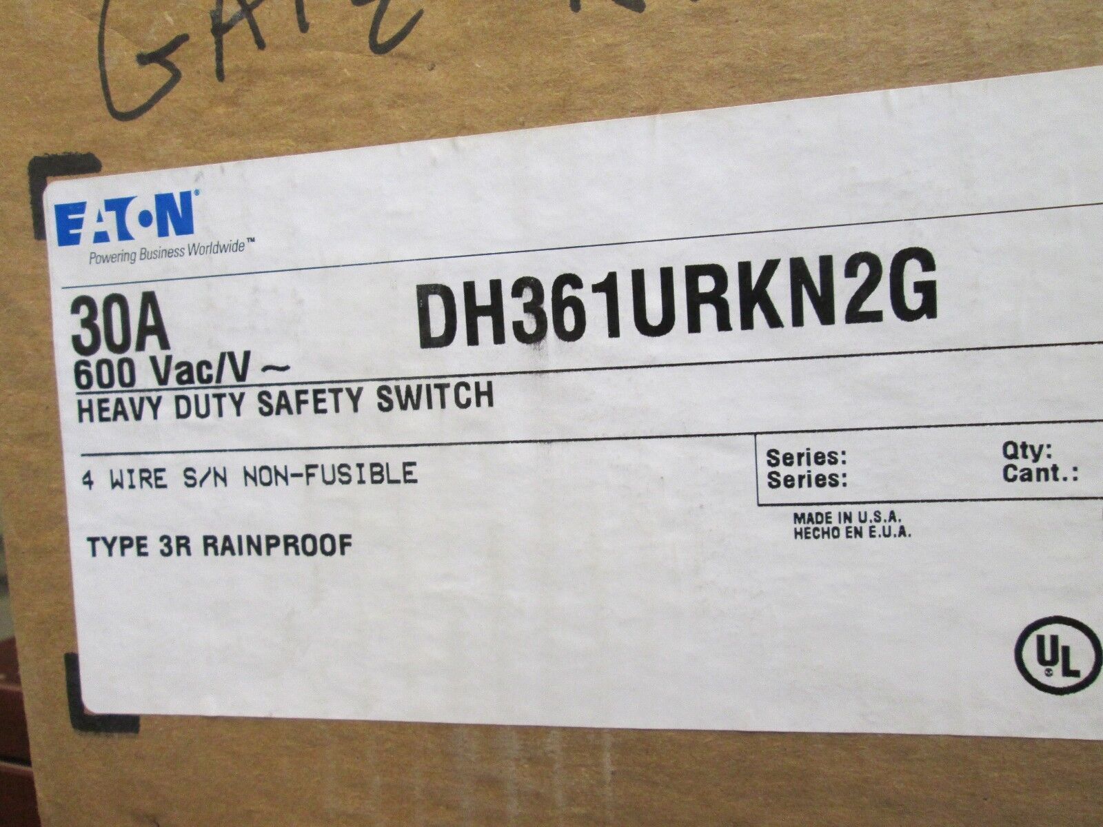 Cutler-Hammer Non-Fusible Safety Switch DH361URKN2G 30A 600V 3P nema 3R Enc.