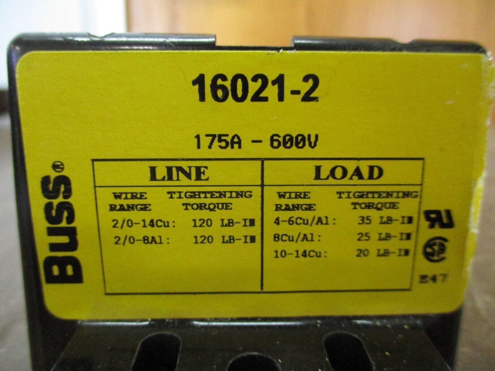 Buss Power Distribution Block 16021-2 175A 600V 2P Line: 2/0-14 Used