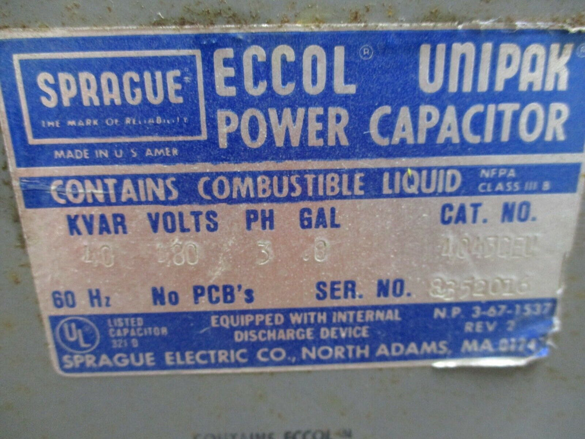Sprague Eccol Unipak Power Capacitor 404306U 40KVAR 480V 3Ph 60Hz Used