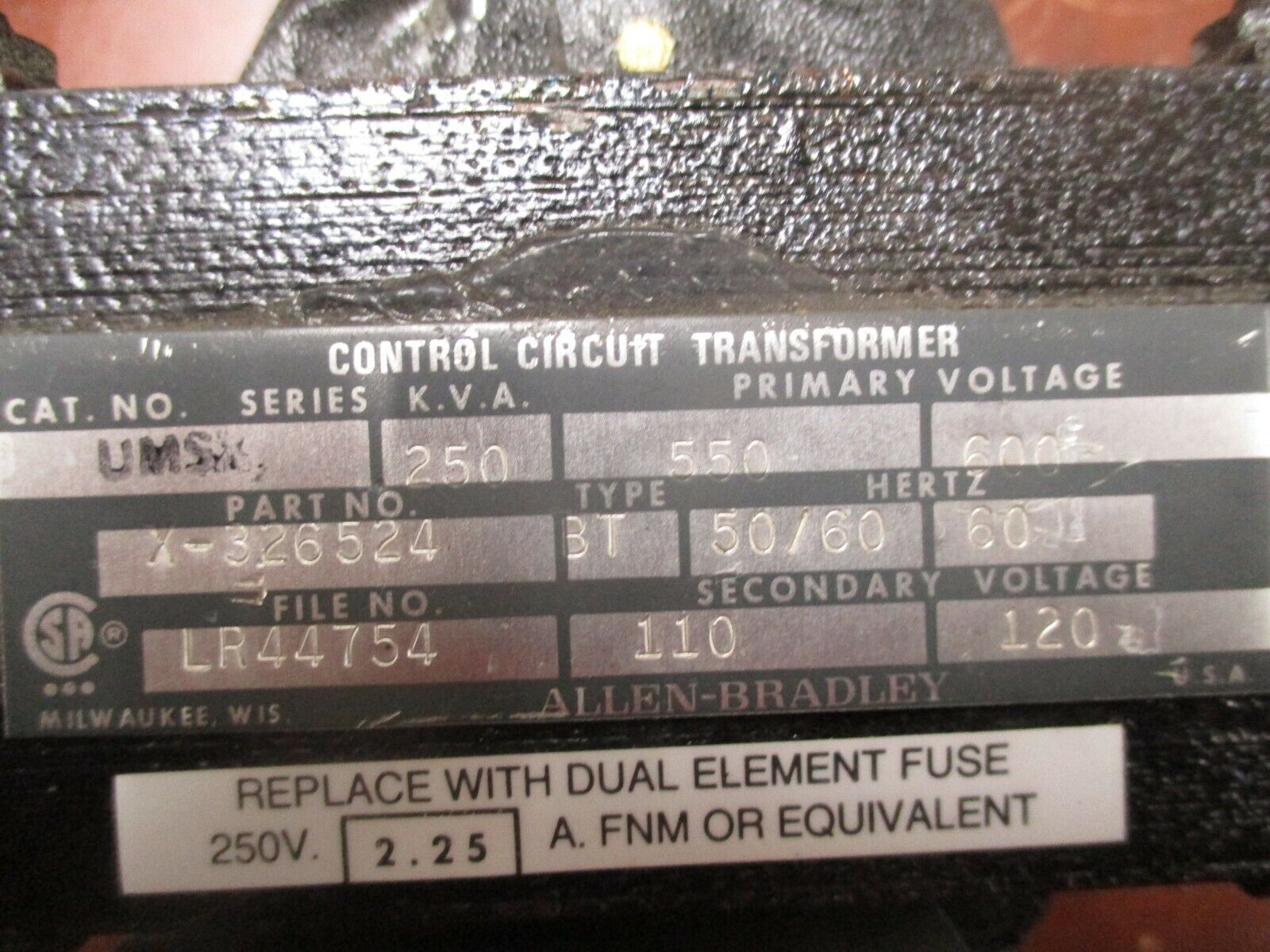 Allen-Bradley UMSX Type BT Control Transformer X-326524 250KVA Pri: 550/600V