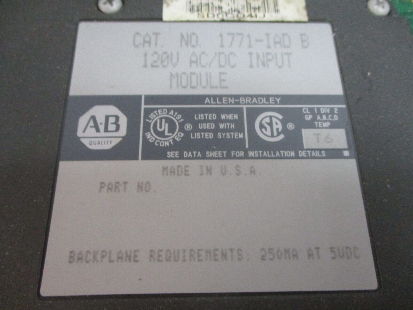 Allen-Bradley AC/DC Input Module 1771-IAD B 120V Used