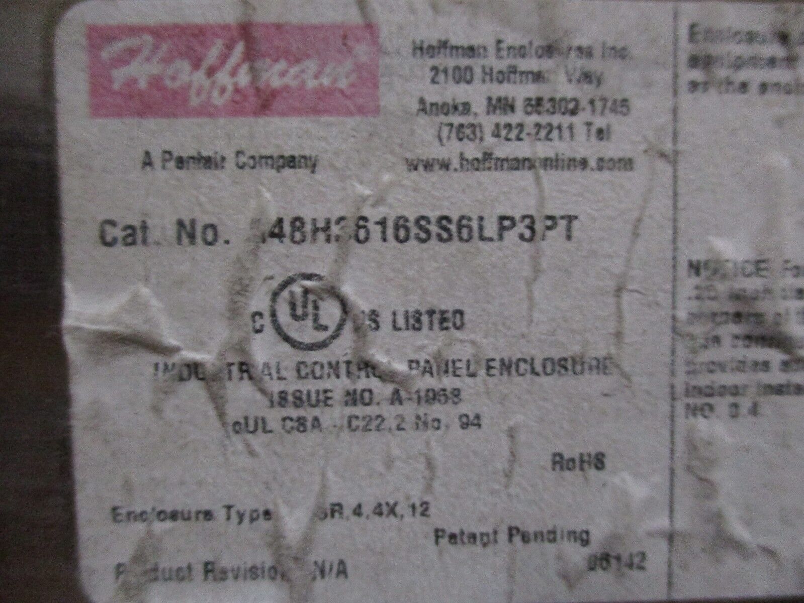 Hoffman / McLean Stainless Steel Enclosure w/ Air Conditioner A48H3616SSGLP3PT