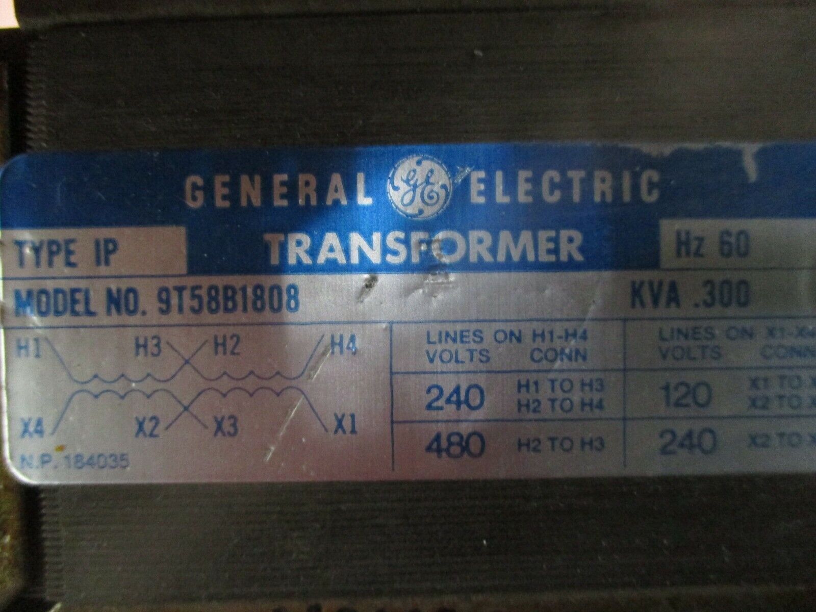 GE Type IP Transformer 9T58B1808 0.300KVA Pri: 240/480V Sec: 120/240V 60Hz Used