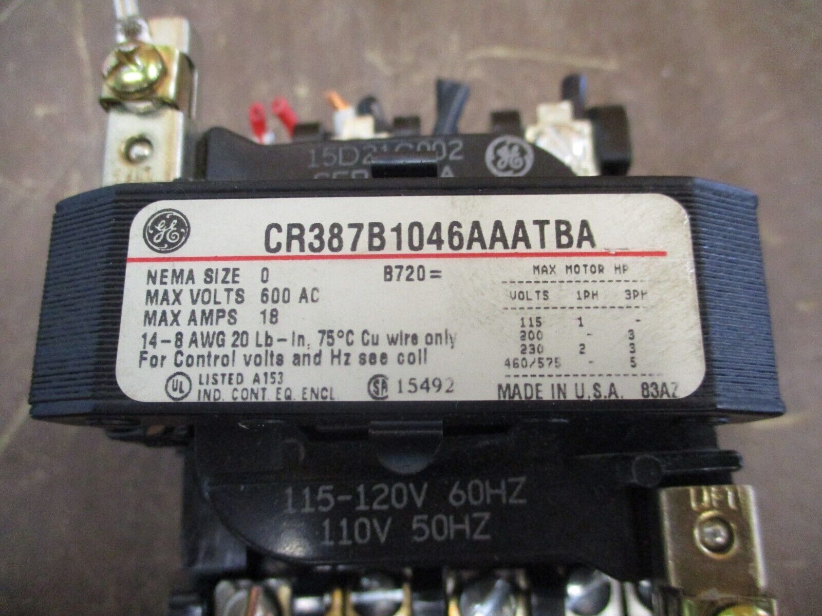 GE Size 0 Starter CR387B1046AAATBA 115-120V Coil 18A 600V Used