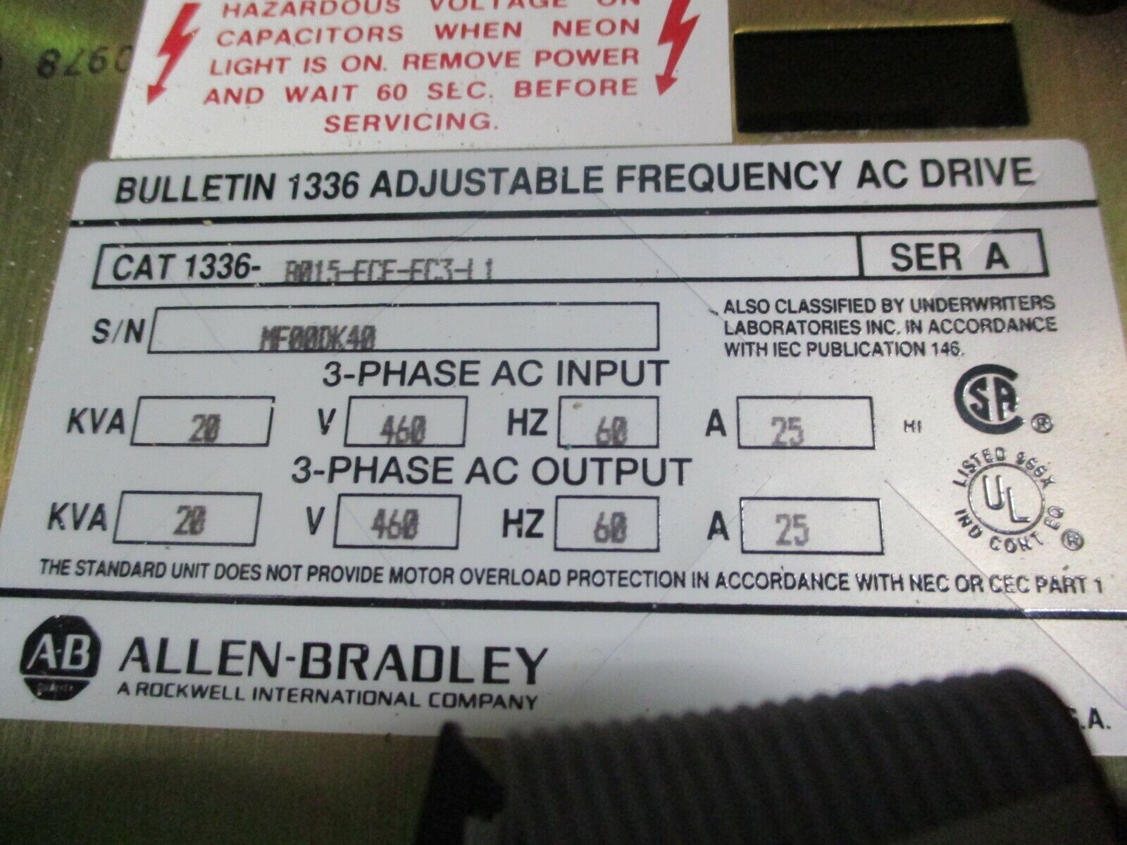 Allen-Bradley AC Drive 1336-B015-ECE-EC3-L1 15HP 3Ph Missing (2) Door Latch Used