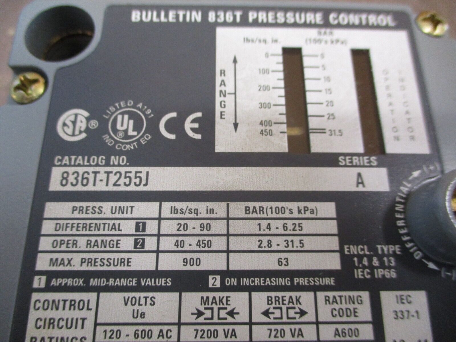 Allen-Bradley Pressure Switch 836T-T255J Ser. A Diff: 20-90PSI Range: 40-450PSI