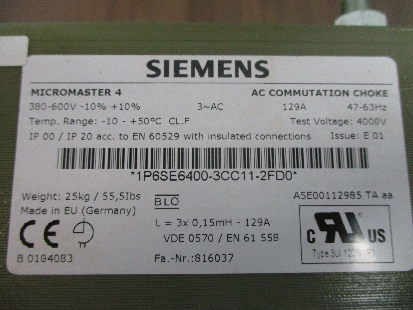 Siemens Micromaster 4 AC Commutation Choke 1P6SE6400-3CC11-2FD0 380-600V 129A