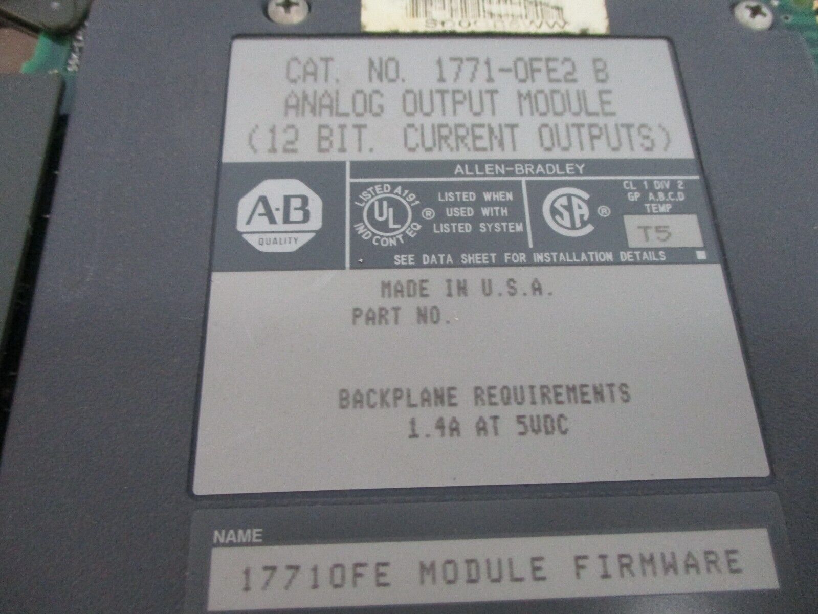 Allen-Bradley Analog Output Module 1771-OFE2 B 12-Bit Current Outputs Ser. B