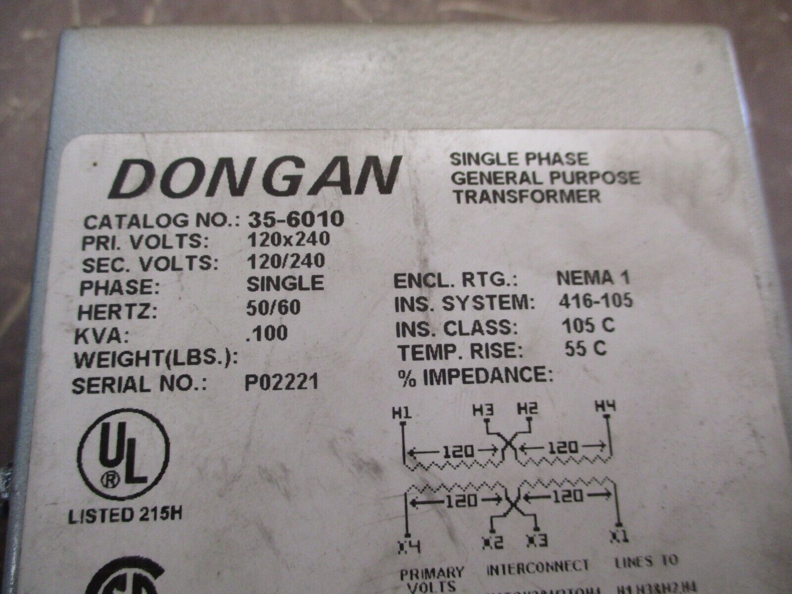 Dongan Transformer 35-6010 0.100kVA Pri: 120/240V Sec: 120/240V 1Ph 50/60Hz Used