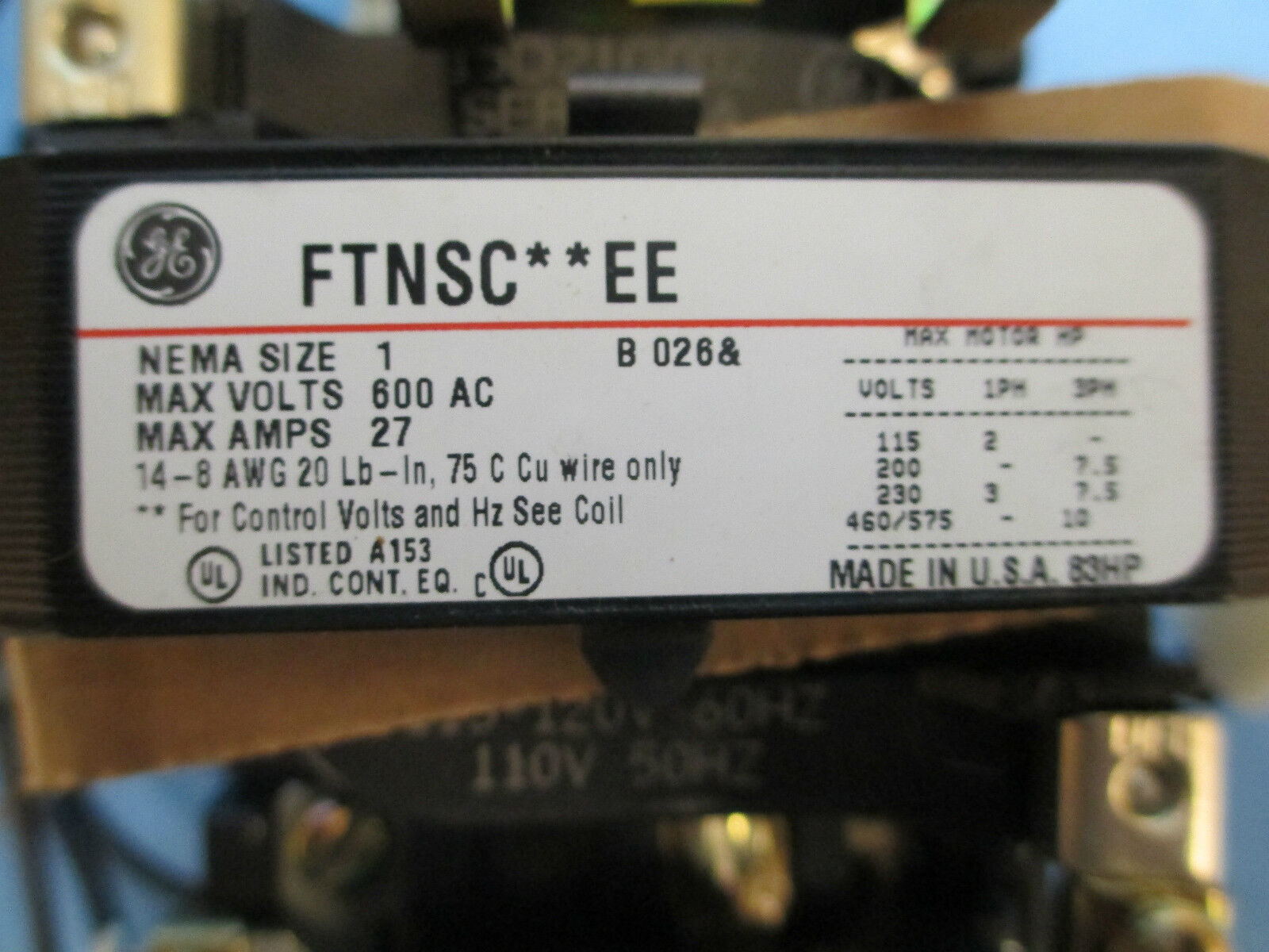 GE Starter FTNSC02EE, Size 1 115-120V 1.6-3.4 Overload, New Surplus