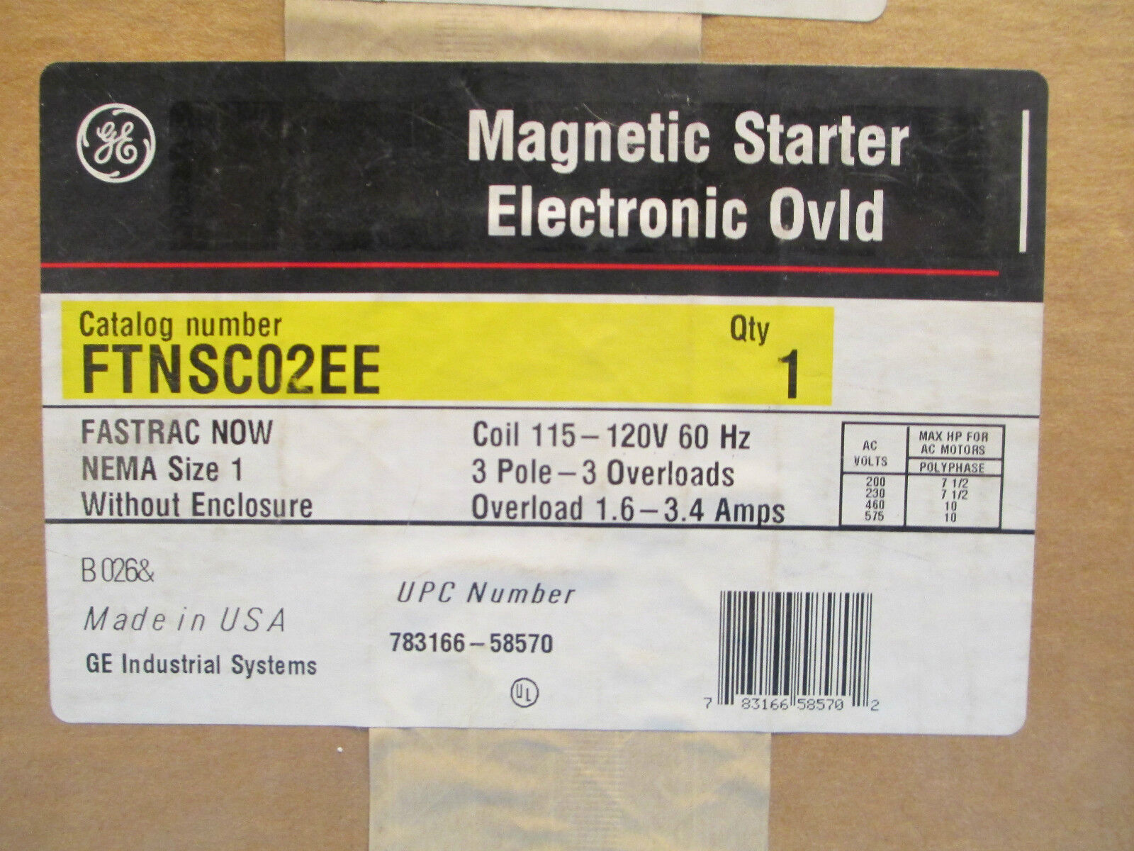 GE Starter FTNSC02EE, Size 1 115-120V 1.6-3.4 Overload, New Surplus