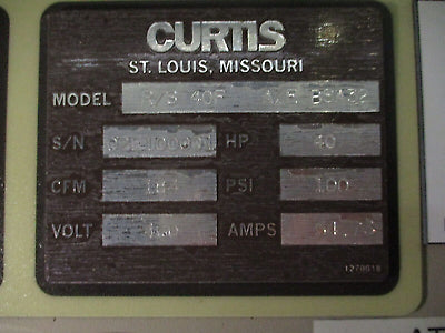 FS Curtis Rotary Screw Air Compressor R/S 40F A/E BSA32 40HP 184 CFM 100PSI 460V