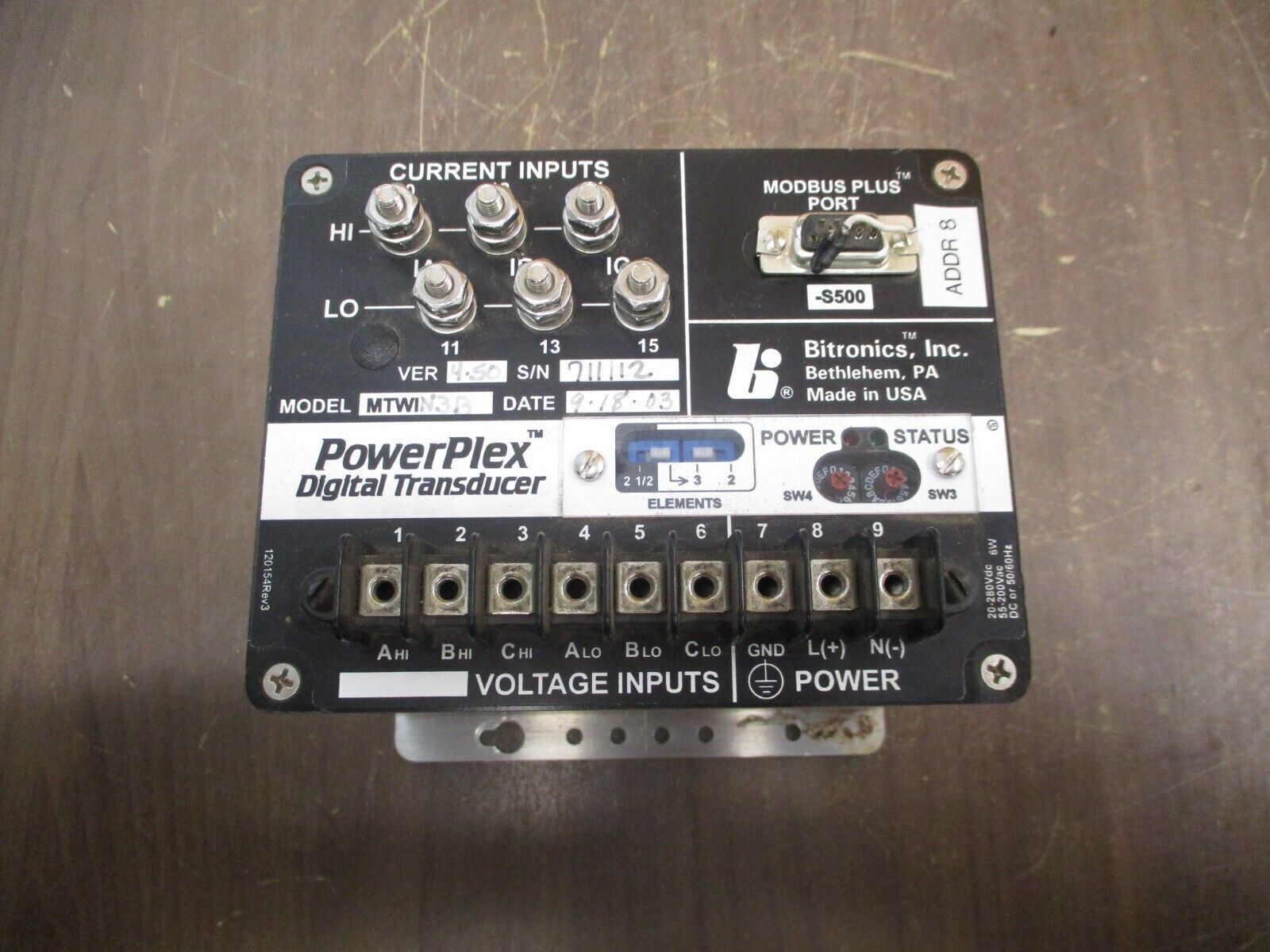 Bitronics PowerPlex Digital Transducer MTWIN3B Ver. 4.50 20-280VDC 55-200VAC