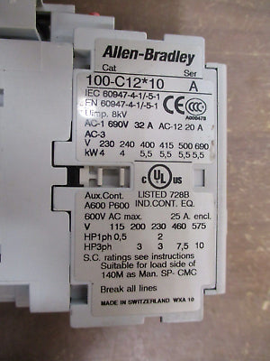 Allen-Bradley Contactor 100-C12*10 24V Coil 25A 600V Used