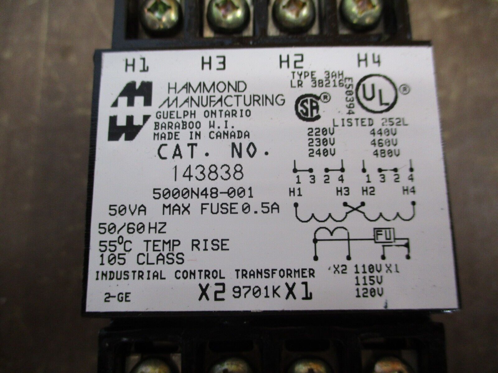Hammond Transformer 143838 50VA Pri: 240/480V Sec: 120V 50/60Hz Used
