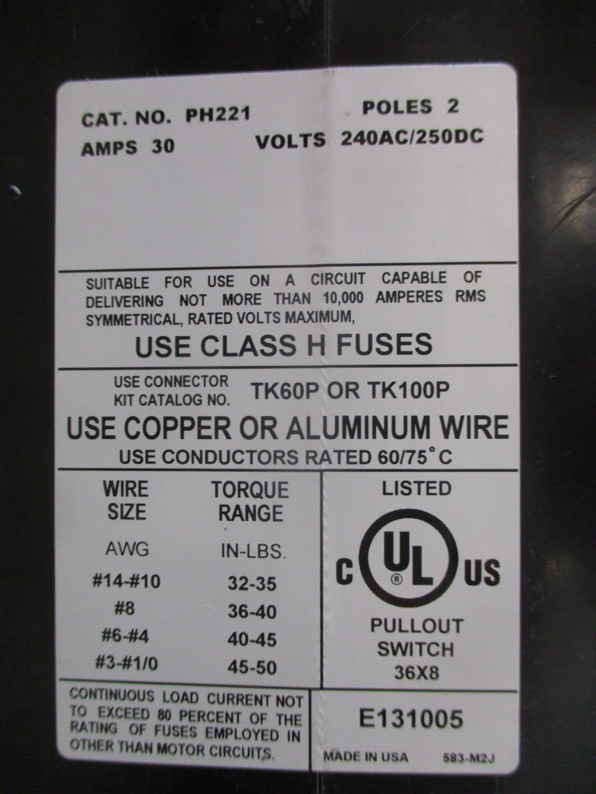 Boltswitch Fuse Pullout Switch PH221 30A 240V 2P Used