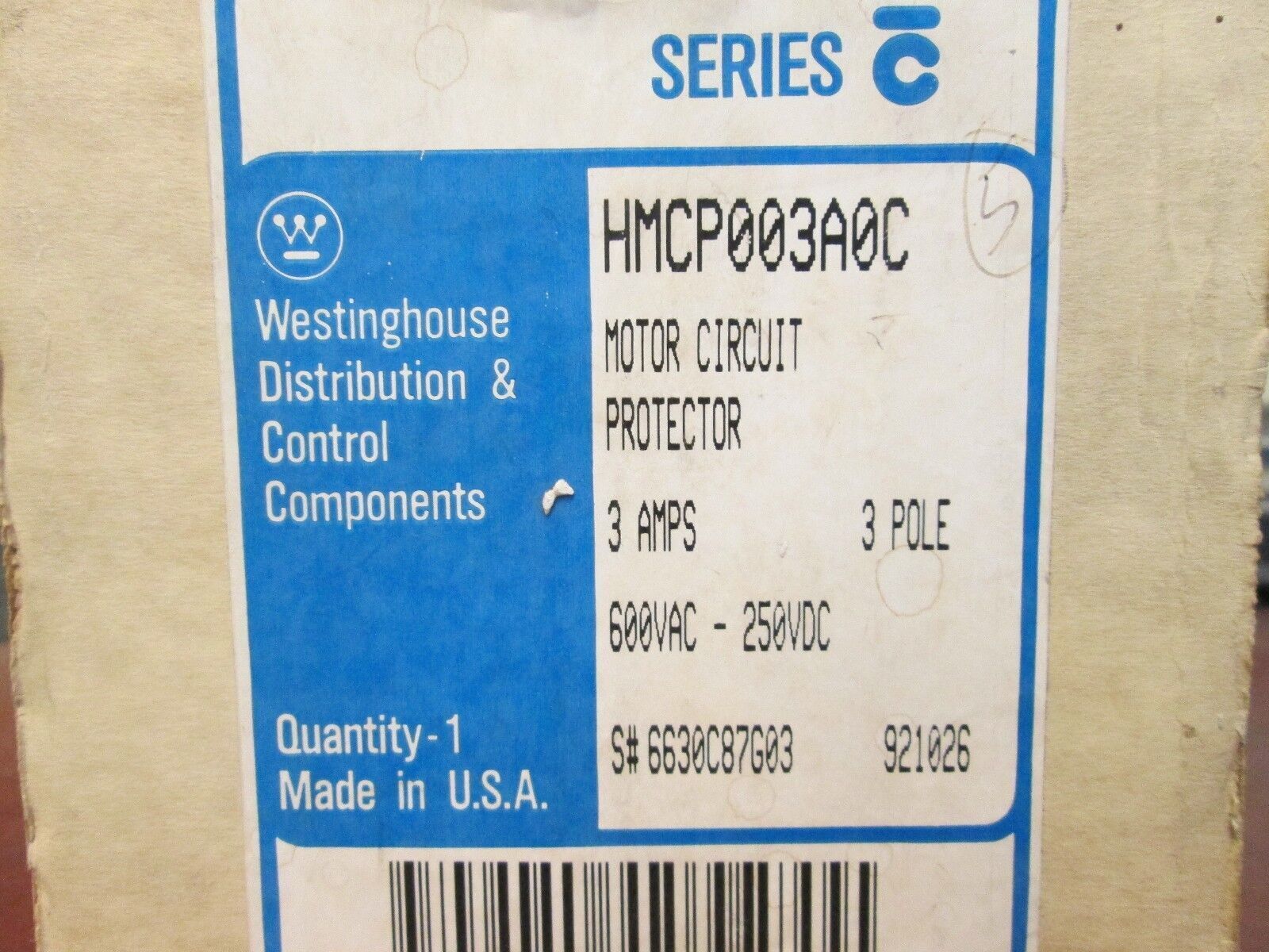 Westinghouse Motor Circuit Protector HMCP003A0C 3A 600V 3P New Surplus