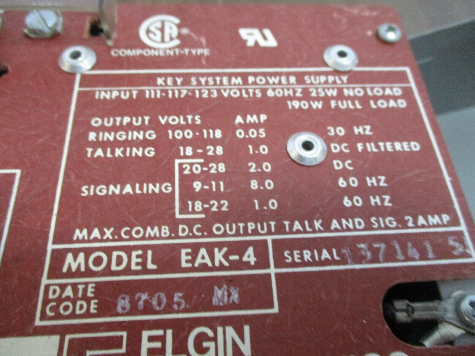 Elgin Electronics Power Supply System EAK-4 190W Input: 111/117/123V 60Hz 25W