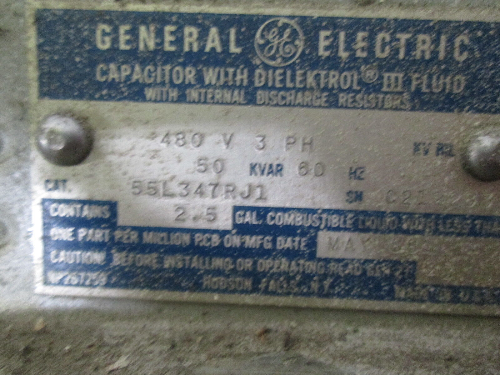 GE Capacitor 55L347RJ1 50KVAR 480V 3Ph 60Hz Used