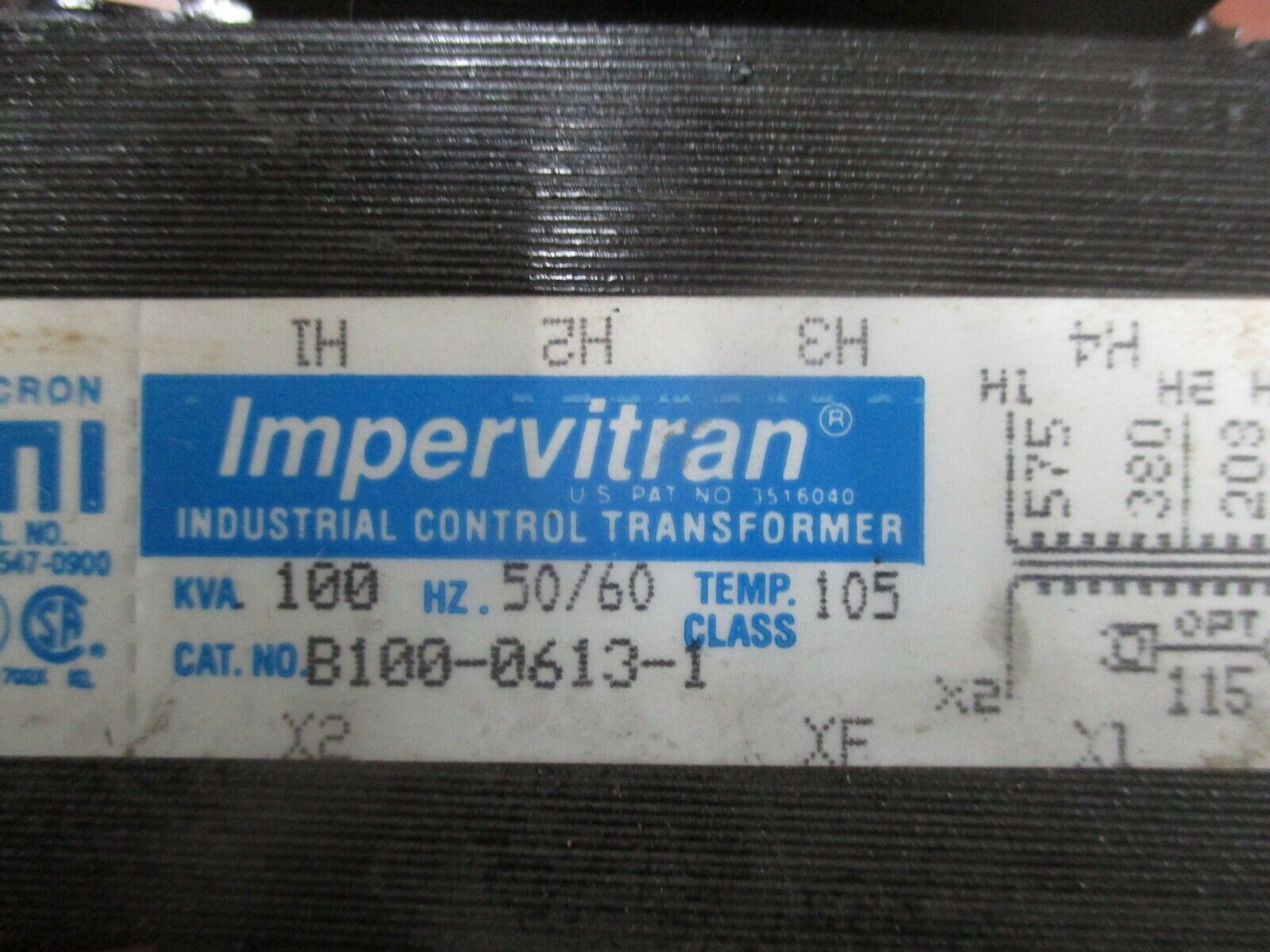 Micron Impervitran Control Transformer B100-0613-1 0.100KVA Pri: 208/380/575V