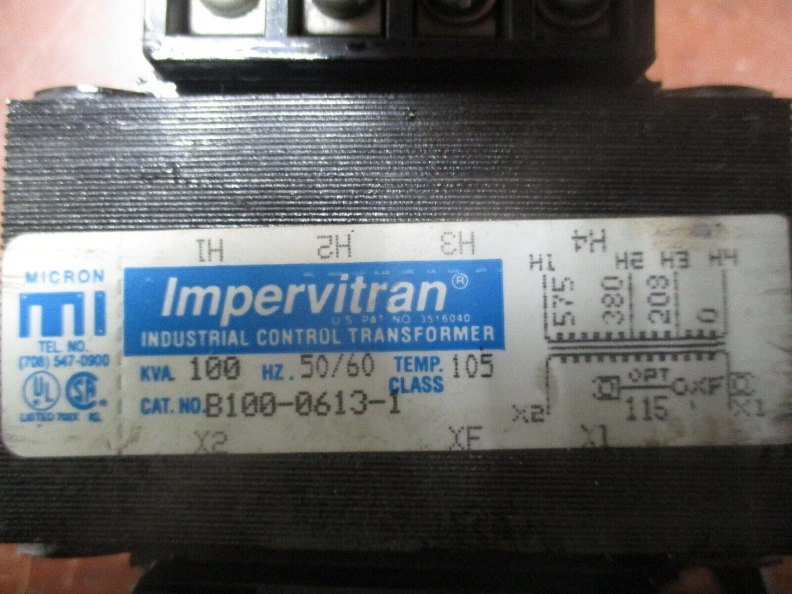 Micron Impervitran Control Transformer B100-0613-1 0.100KVA Pri: 208/380/575V