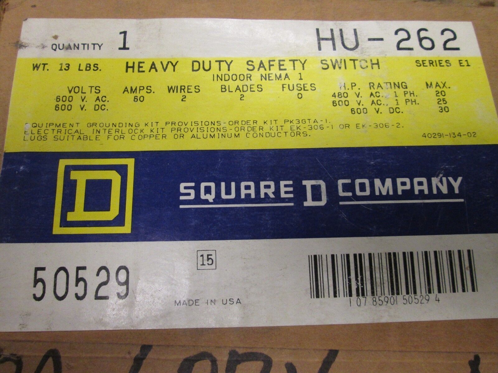 Square D Non-fusible Safety Switch HU-262 60A 600V 2P New Surplus