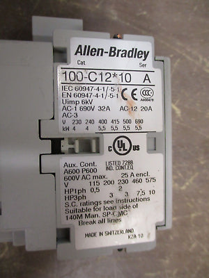Allen-Bradley Contactor 100-C12*10 24V Coil 25A 600V *Damaged Top* Used