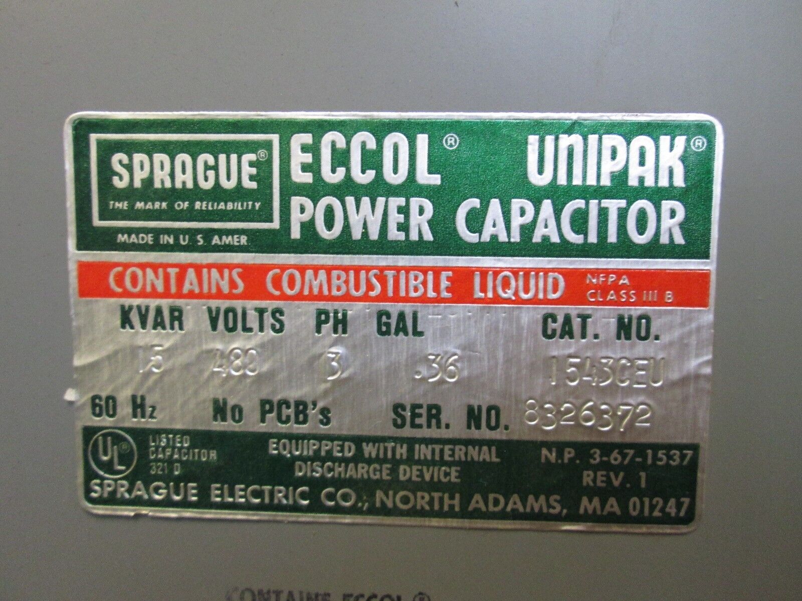 Eccol Unipak Power Capacitor 1543CEU 480V 15 KVAR 3Ph 60Hz Used