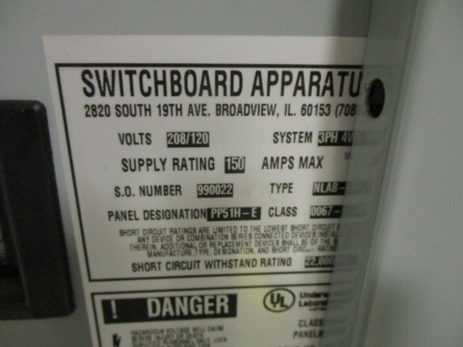 Switchboard Apparatus Main Breaker Circuit Breaker Panel 990022 150A Max 3Ph 4W