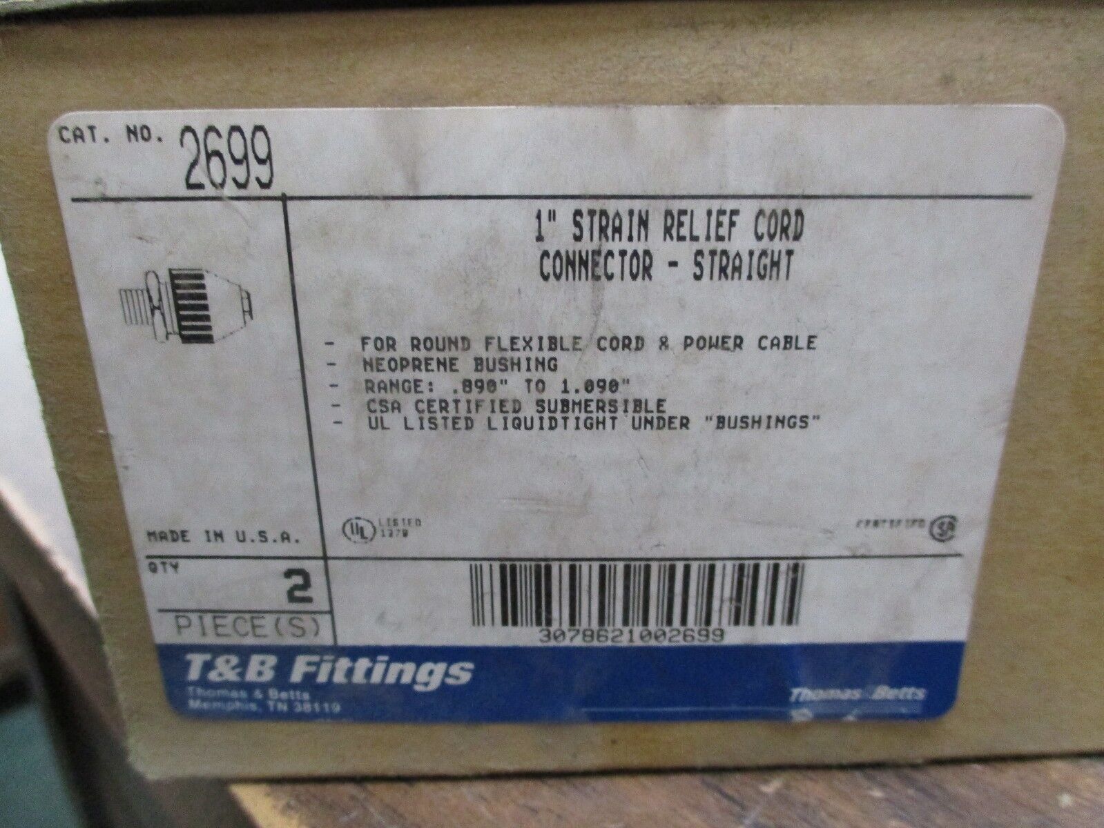 Thomas & Betts 1" Strain Relief Cord Connector 2699 *Lot of 2* New Surplus