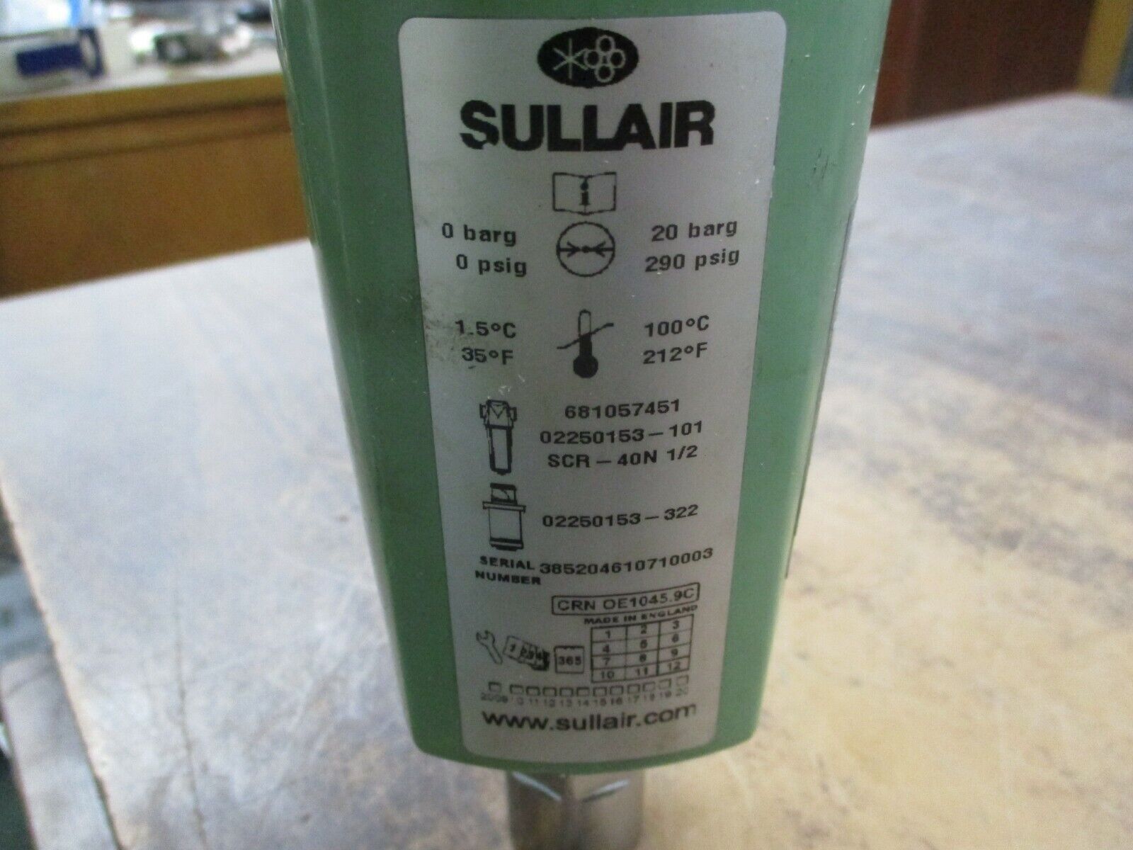 Sullair Air Filter SCR-40N 1/2 0-290PSIG 35-212°F Used
