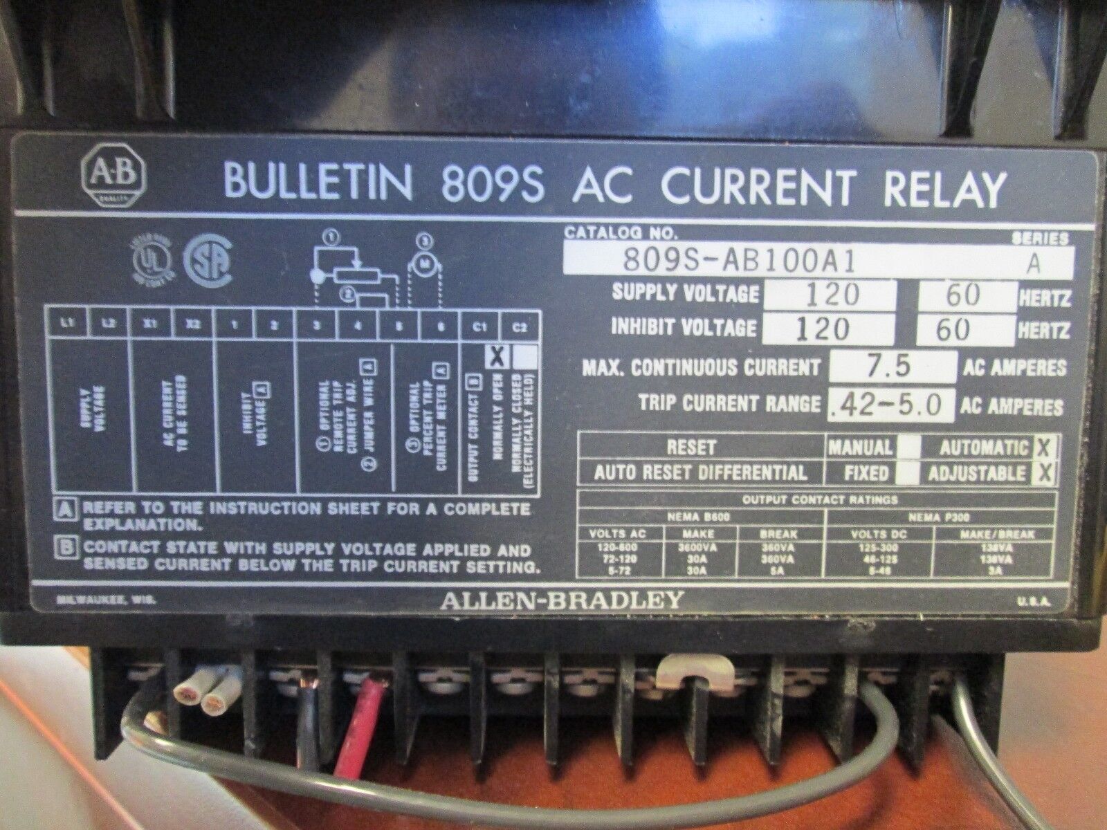 Allen-Bradley AC Current Relay 809S-AB100A1 120V Supply 7.5A .42-5A Trip Range