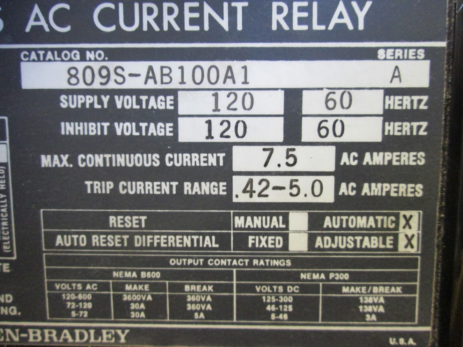 Allen-Bradley AC Current Relay 809S-AB100A1 120V Supply 7.5A .42-5A Trip Range
